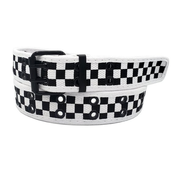 White and Black Checkered 2 Holes Row Grommet Canvas Fabric Web Belt Size Medium - Picture 1 of 2
